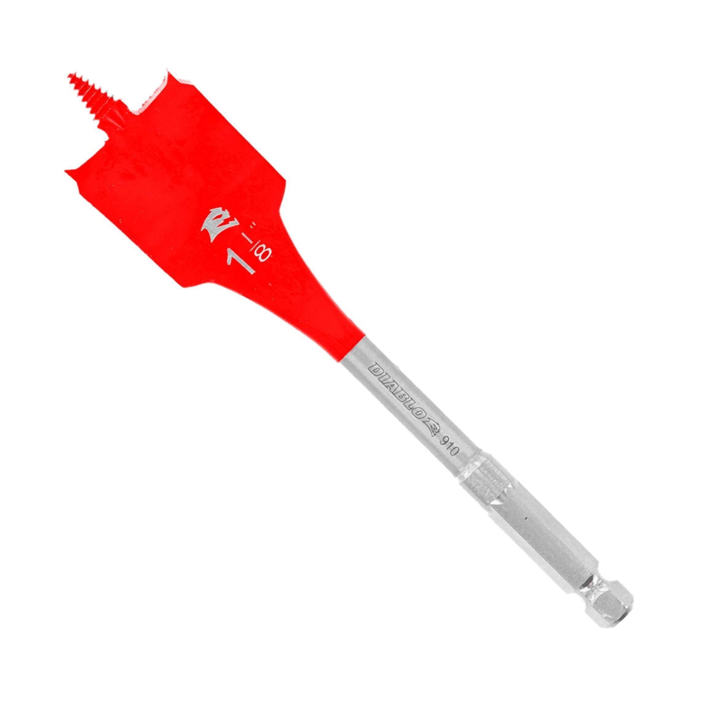 The Diablo DIABLO DSP2140 1-1/8 in. x 6 in. spade bit features a red and silver design, hex shank, and SPEED-TIP™ for fast drilling. Marked 1-1/8, this Impact Strong™ tool is ideal for large wood holes.